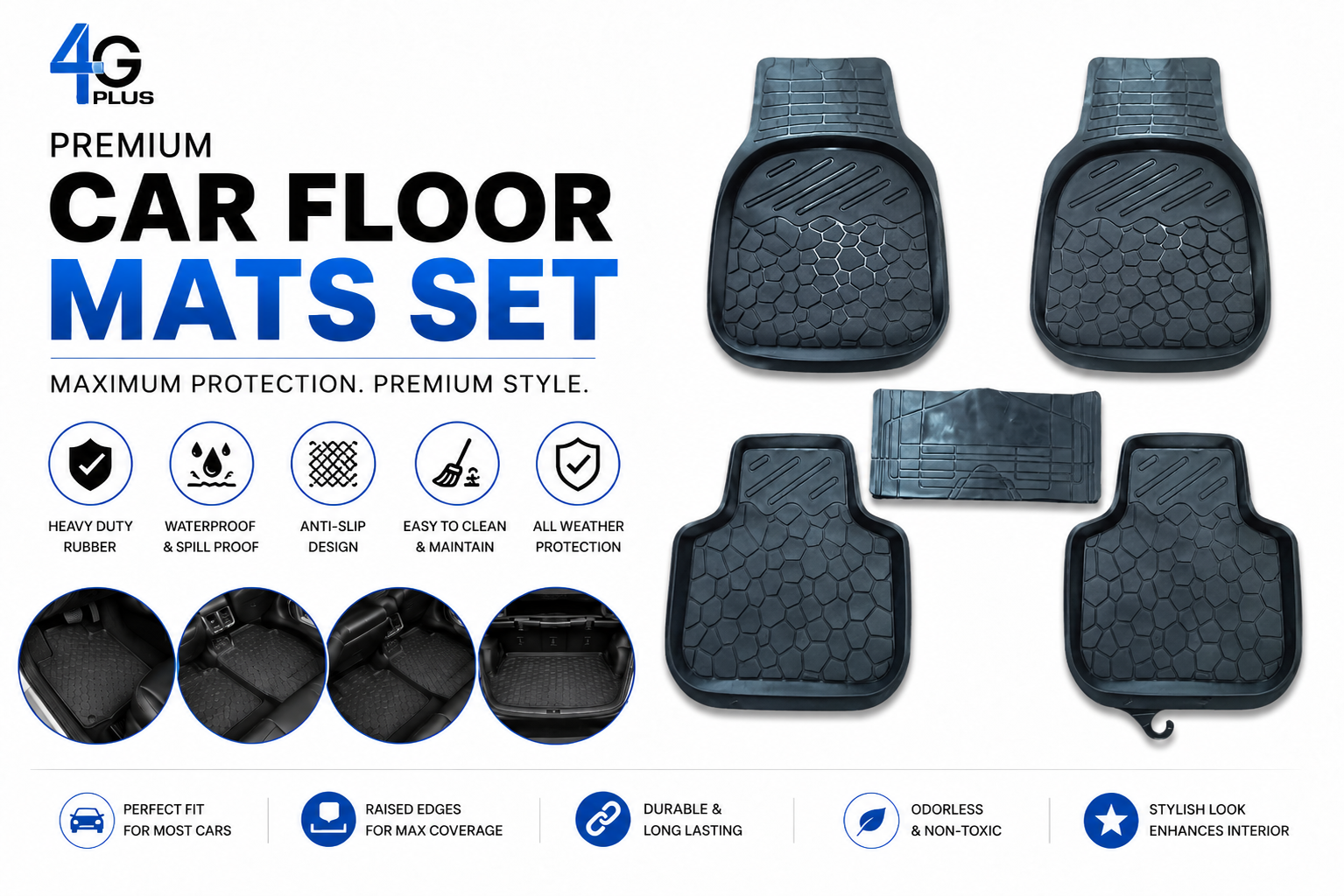 4G Plus Premium Heavy Duty Car Floor Mats Set 5 Seater