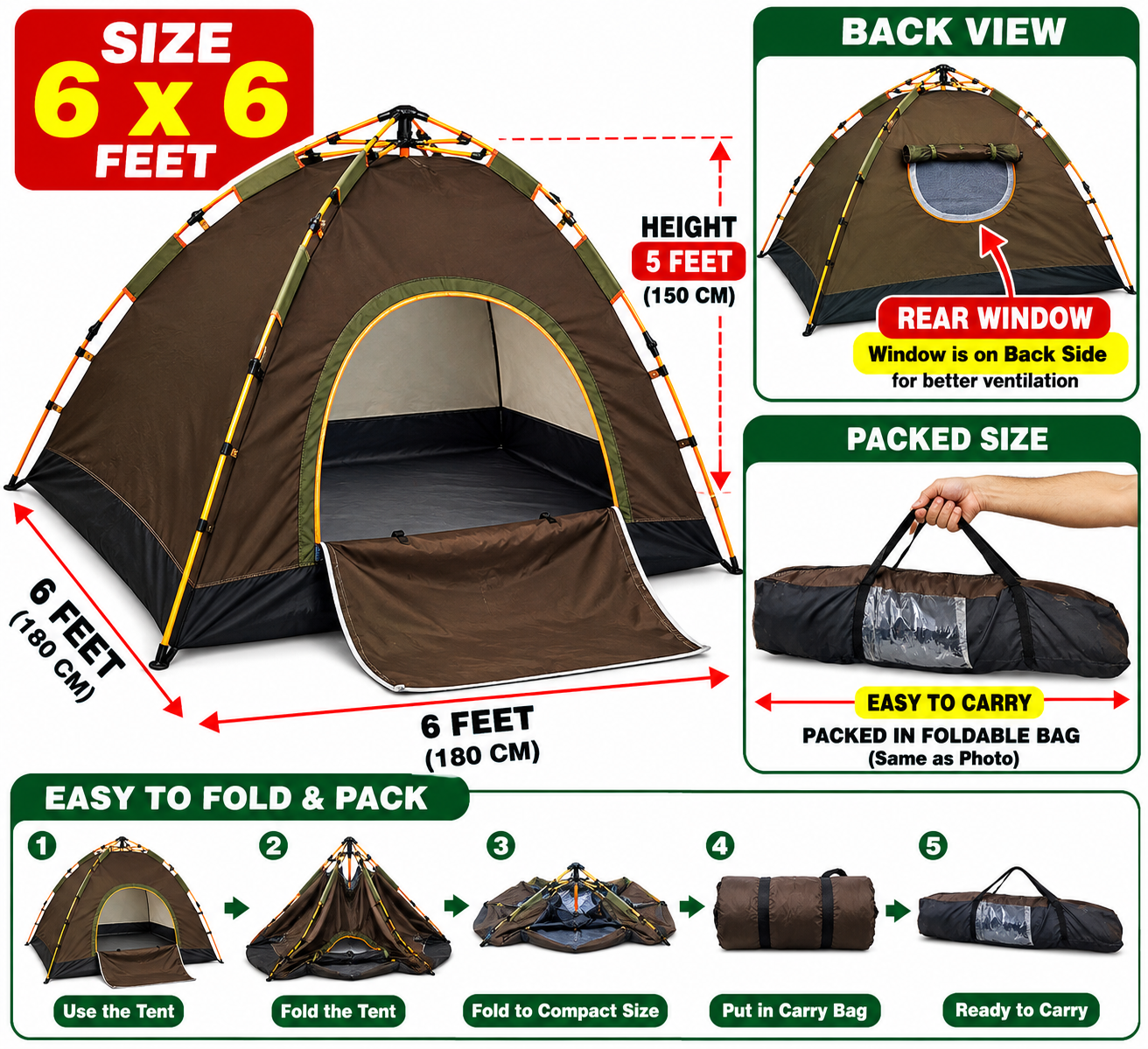6 x 6 Feet Waterproof Camping Tent - Image 4